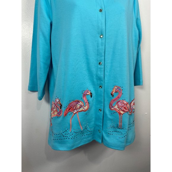 NWT Quaker Factory Medium Top Cardigan Flamingos Blue Button Up 3/4 Sleeve - Picture 15 of 15